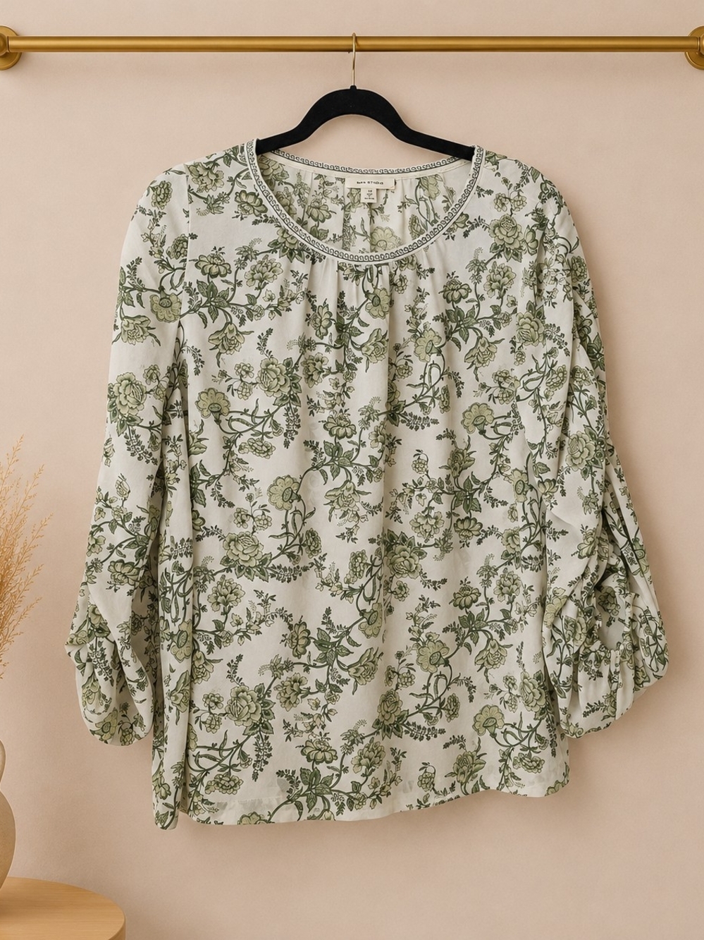 Max Studio Cream Peasant Blouse with Sage Green Floral Print